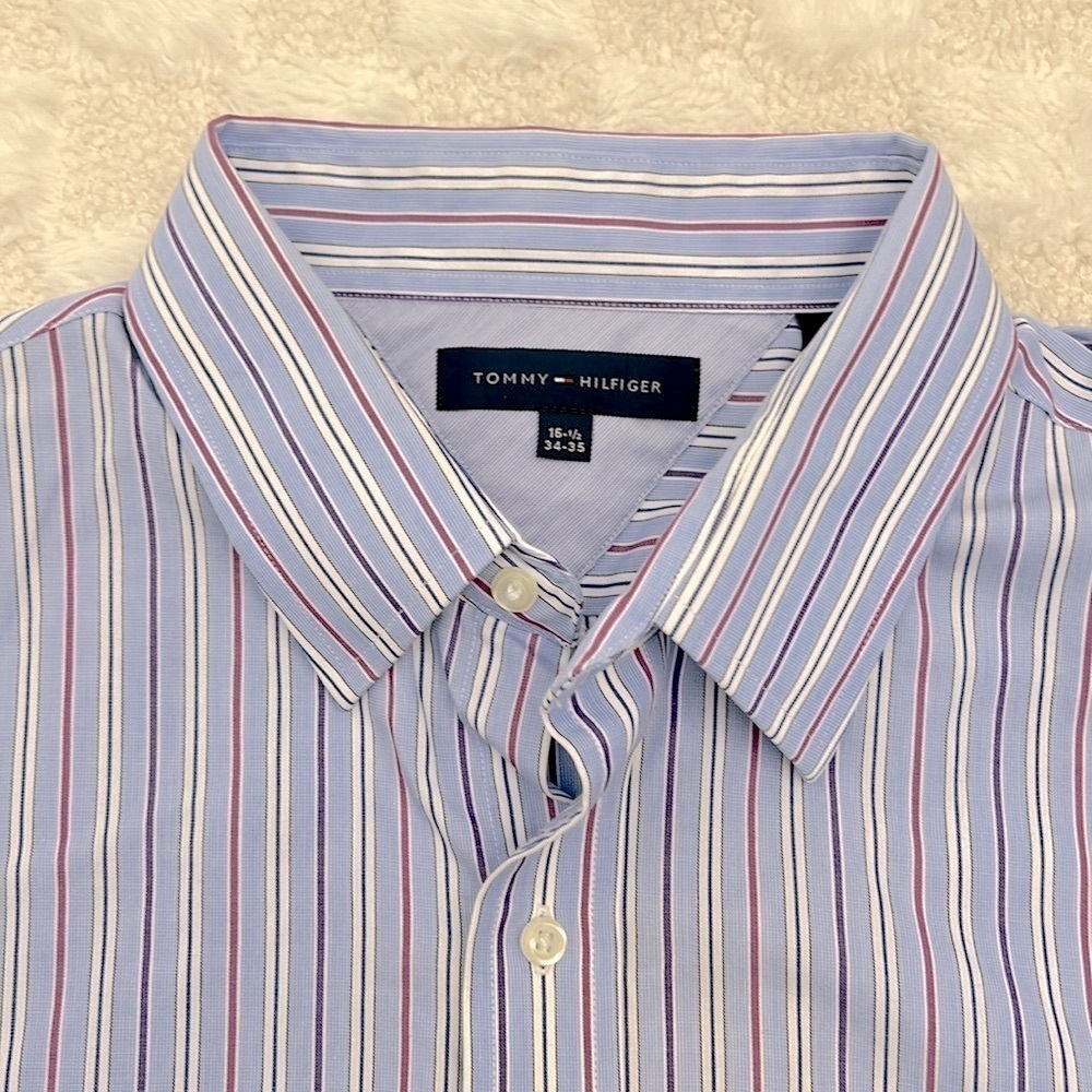 Tommy Hilfiger‎ Mens Button Down Stripped Shirt Size 16 1/2 Blue White Burgundy